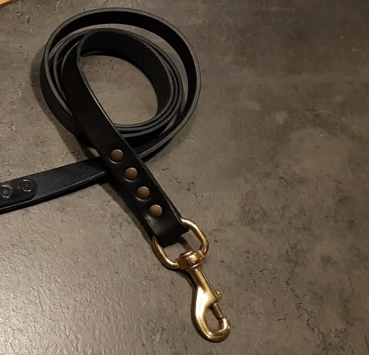 Wide stripe leather leash adaptable to dogs of all sizes